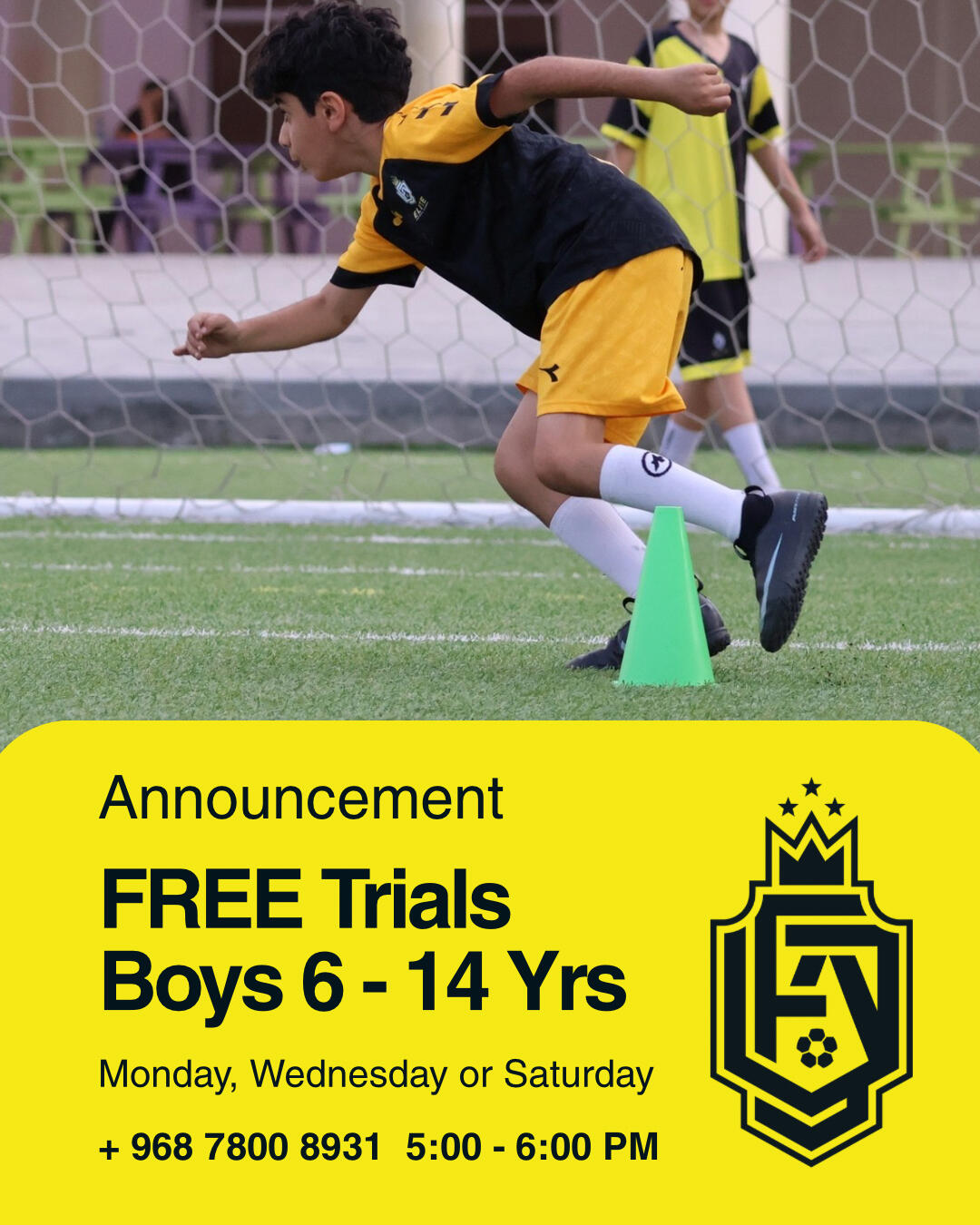 Young player celebrating a goal he score for Elite Football Schools at ABQ Seeb International School